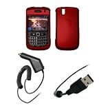 BlackBerry Bold 9650 - Red Rubberized Snap-On Cover Hard Case Cell Phone Protector + Rapid Car Charger + USB Data Charge Sync Cable for BlackBerry Bold 9650