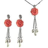 Red Coral Rose Cultured Pearl Droplet Platinum Overlay Sterling Silver Pendant Necklace & Dangle Earrings Set