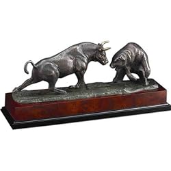Bronze Charging Bull & Bear Wall Street Sculpture on Burl Wood Base