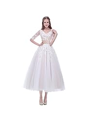 Plus Size V-neck Satin/Tulle Elbow Length Sleeves Short Tea Length Applique Wedding Dress 
