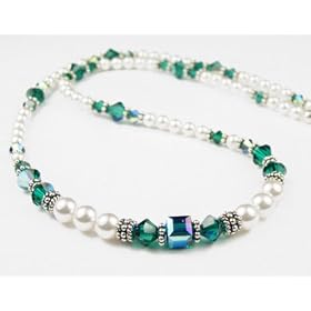 May Emerald Swarovski Crystal Birthstone Beaded Necklaces in Sterling Silver with White Pearls.