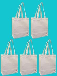 100% Cotton Canvas Oversized Grocery/Multipurpose Tote Bag 5 Pack, Shoulder Length With Extra Strong Cotton Webbing Handles