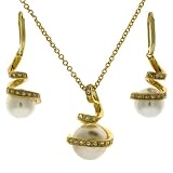 Exquisite Necklace Earring Set Swirl Design Silver 24k Gold Plated CZ White Pearl Majorca Bucasi