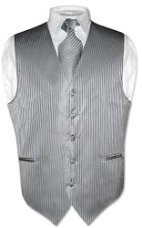 Men's Dress Vest & NeckTie Silver Grey Striped Vertical Stripes Design Set for Suit or Tuxedo