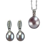 Dewdrop Lavender Cultured Pearl 14k White Gold Diamond Pendant Necklace & Earrings Set - Dahlia Classic Collection