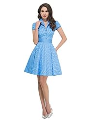Polka Dot Print Vintage Cotton Short Sleeves Party Dress  With a Sash 