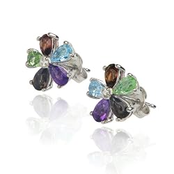 Platinum Plated Sterling Silver Multi-Gemstone Diamond-Accent Flower Earrings