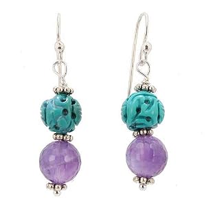 Carved Turquoise and Amethyst Gemstone Bead Dangle Earrings on a Hill Tribe Silver Earwire, #7496