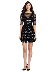 Polyester Striped Print Sweetheart Flared-Skirt Illusion Sequined  Mesh  Dress With a Bow(s)