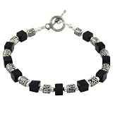 Handmade Black Agate Cube & Antiqued Silver Beaded Bracelet