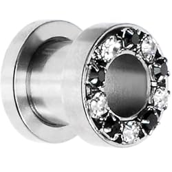 0 Gauge Stainless Steel Black Clear Gem Screw Fit Tunnel