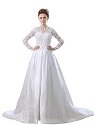 A-line V-neck Long Sleeves Lace Satin Wedding Dress  with a Chapel Train 