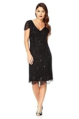 Plus Size Above the Knee Short Sleeves Polyamide/Tulle Vintage Sequined Beaded  Dress