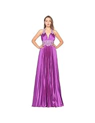 A-line V-neck Polyester/Satin Beaded Pleated Empire   Waistline Full Length Halter Sleeveless Evening Dress/Prom Dress/Party Dress 