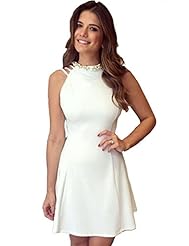 Sexy  Polyester/Spandex Flared-Skirt High-Neck Skater Dress  With Pearls