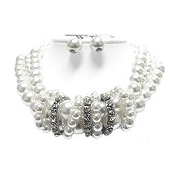 Crystal and Multi Row Faux Pearl Beads Necklace and Earrings Set Fashion Jewelry