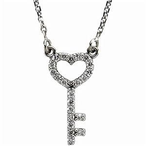 White Gold Heart Diamond Skeleton Key Pendant Necklace