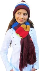 Handmade Winter Alpaca Scarf & Hat Set - Dark Cranberry Background (Teens Large/Extra Wide)