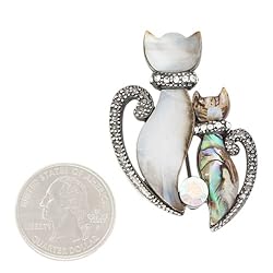 Abalone and Rhinestone Double Twin Cat Brooch Pin
