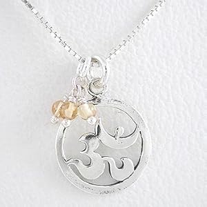 Round Om or Aum Pendant with Citrine Gemstone Beads in Sterling Silver on 18" Box Chain, #8399