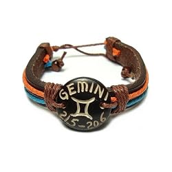 Gemini The Twins Zodiac Tribal Leather Bracelet with Earth Tone Cord and Beads
