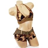 Womens Junior Size Swimwear Cute Army Green Camo Boyshorts Halter Bikini Swimsuit