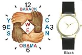 Black & White Hands and Forearms Interlocking - Yes We Can No.2 - President Barack Obama Commemorative - WATCHBUDDY&reg; DELUXE TWO-TONE THEME WATCH - Arabic Numbers - Black Leather Strap-Size-Women's Size-Small