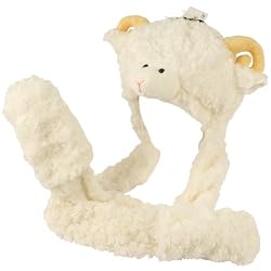 Winter Faux Fake Fuzzy White Lamb Animal Fur Scarf Trapper Hat with Pocket Gloves