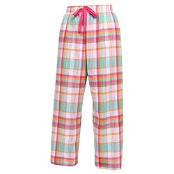 Beach Pink Green tartan plaid check tie cord flannel cotton pants for lounging, sleep, sports. Unisex relaxed fit,