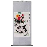 EXP Handmade Peony & Kittens Scroll Wall Art Painting