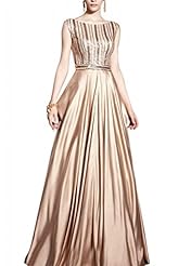 A-line Satin/Silk Scoop Neck Cap Sleeves Cocktail Floor Length Mesh Sequined Beaded Evening Dress/Homecoming Dress/Pageant Dress/Prom Dress/Party Dress/Wedding Dress  With a Sash 