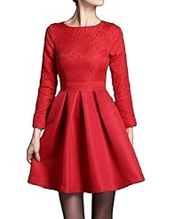 Long Sleeves Brocade/Cotton Spring Winter Pleated Floral Print  Dress