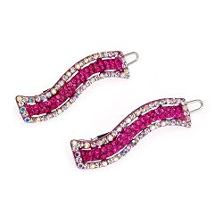 2 Wavy Clear and Pink Rhinestone Hair Barrette Clips