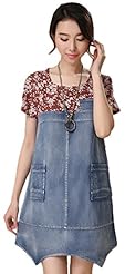 Fitted Cotton/Denim Floral Print Short Sleeves  Dress