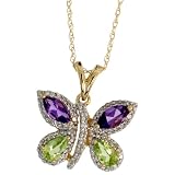 14k Gold 18' Chain & 1/2' tall Butterfly Pendant, w/ 0.25 Carat Brilliant Cut Diamonds & 1.50 Carats Marquise Cut Amethyst Stones & Pear Cut Peridot Stones