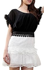 Round Neck Chiffon Lace-Up Tiered Peplum Flared-Skirt Bodycon Dress/Tunic 
