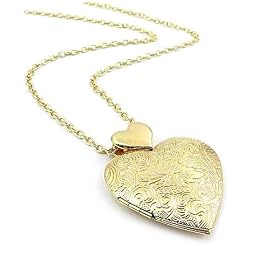Goldtone Heart Locket Textured Charm Necklace Fashion Jewelry