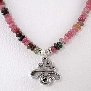 Pink and Green Tourmaline Gemstone Bead Necklace with Sterling Silver Swirl Pendant, 18" Long, #8973