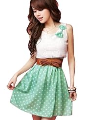 Sleeveless Chiffon Lace-Up Sheer Belted Scoop Neck Dots Print Elasticized   Waistline Mini Dress 