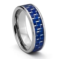 8MM Tungsten Carbide Wedding Band Ring w/ Blue Carbon Fiber Inlay (Available Sizes 7-14 Including Half Sizes) (9.5)