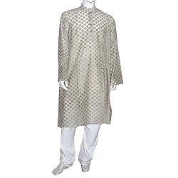 Mens Wedding Dress Woven Kurta Pajama Silk and Cotton Blend Long Loose Shirt and Trousers Expert Hand Stitch Size 2XL (pgkp007b)