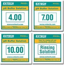 Convenient 20mL pH calibration buffers (pH 4, 7, and 10) stored fresh in pouches