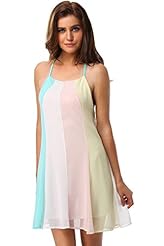 Sexy Above the Knee Flared-Skirt Polyester Backless Colorblocking Spaghetti Strap Mini Dress 