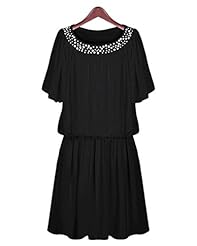 Short Sleeves Chiffon Summer Pleated  Elasticized   Waistline Tunic/Midi Dress  With Rhinestones