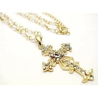 Gorgeous Fancy Ice and Aurora Borealis Crystal Cross Pendant/Charm Necklace Gold Tone with a Fancy Beaded Chain ~ Comes Gift Boxed