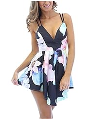 V-neck Cocktail Above the Knee Short Backless Spaghetti Strap Polyester Floral Print Party Dress/Mini Dress 