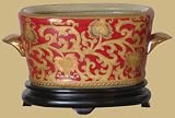 Asian Furniture & D&eacute;cor - 8" Chinese Ceramic Porcelain Red & Gold Decorative Oval Oriental Planter