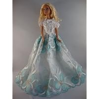 White Evening Gown with Blue Flowers Made to Fit the Barbie Doll