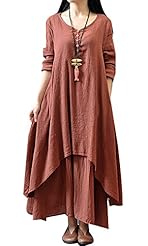 V-neck Cotton/Linen Long Sleeves Maxi Dress 