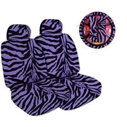 7-Piece Safari Animal Print Auto Interior Gift Set - 2 Purple Zebra Front Bucket Seat Covers, 2 Purple Zebra Headrest Covers, 1 Purple Zebra Steering Wheel Cover, and 2 Purple Zebra Shoulder Harness Pressure Relief Covers